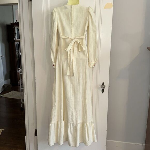Vintage 70s Trolley Car Brand Boho Cream Maxi Dress with Red Floral Embroidery - Picture 7 of 11